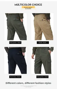 Detail of cargo pants with elastic waist and large flap pockets in three colors