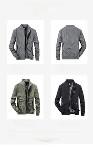 Detail view showing casual stand collar jacket in three colors with rib-knit cuffs and hem