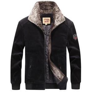 Men's warm black corduroy winter jacket with faux fur collar and ribbed cuffs