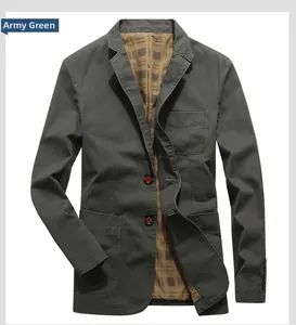 Detail of army green men's blazer with notch lapels, flap pockets, and checkered lining