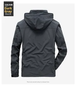 Back view of a men's dark gray hooded jacket showing windproof fabric and elastic cuffs