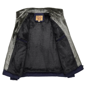 Men's winter corduroy jacket with thick faux fur lining and ribbed hem for warmth