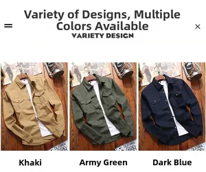Close-up of cotton military shirts in khaki, army green and navy blue colors