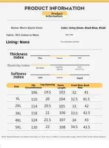 Detailed size chart for men's outdoor cotton cargo pants including waist and hip measurements