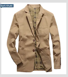 Detail of dark khaki cotton blazer featuring notch lapels and classic plaid lining texture