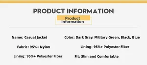 Detailed size and material chart for casual jackets in dark gray, army green and black blue
