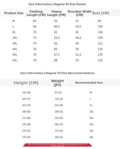 Detailed size chart for men's long sleeve shirts showing measurements from M to 6XL
