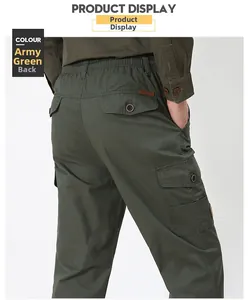 Rear view of men's army green cargo pants with elastic waist and large side pockets