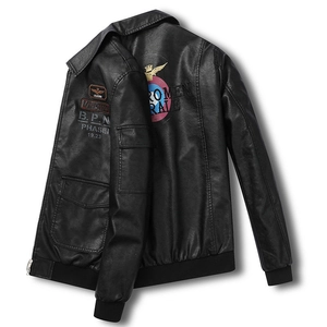 Men's slim fit black faux leather biker jacket with embroidered patches and back graphic