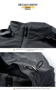 Detail view of adjustable drawstring hood and durable metal zipper on men's jacket