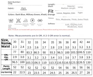 Detailed size chart for men's cotton shorts with waist, hip, and length specs