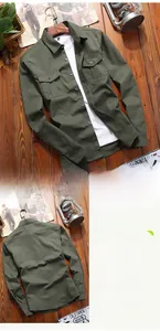 Army green military cotton shirt detail showing front and back view on vintage wood table