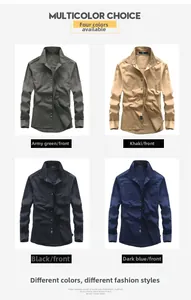 Vue de face des chemises cargo à manches longues pour hommes en olive, kaki et noir