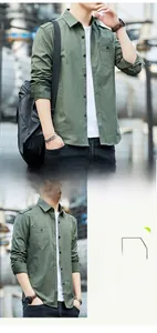 Detailed view of army green cotton shirt with flap chest pocket and button-down collar