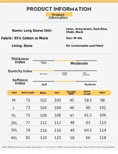 Guide des tailles détaillé et spécifications du tissu en coton pour chemise d'homme