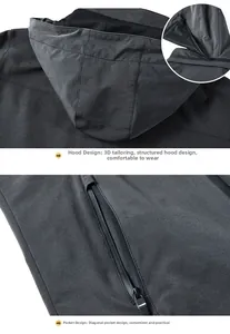 Detail view of the men's hooded jacket featuring stereo cutting and fashion zip pocket