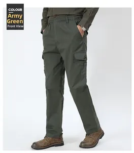 Close-up of olive green cargo pants with elastic waist and flap side pockets