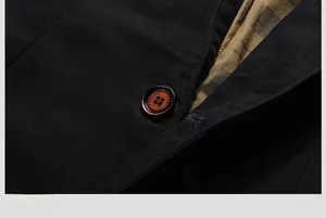 Close-up of black twill cotton blazer with amber button and brown plaid lining detail