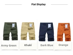 Detailed flat lay of casual cotton shorts in army green, khaki, dark blue and orange