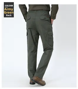 Back view of army green men's cargo pants featuring elastic waist and flap pockets