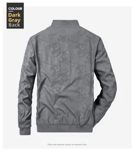 Rear view of men's bomber jacket in dark grey with subtle camouflage pattern