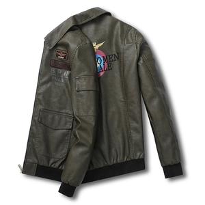 Slim fit olive green pilot leather jacket with embroidered patches and eagle insignia