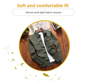 Close-up of army green cotton cargo shirt featuring dual chest pockets and durable fabric