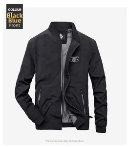 Detail of navy blue bomber jacket featuring a ribbed stand collar and metal zipper closure
