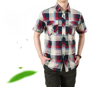 Close-up of men's cotton plaid short sleeve shirt with double chest pockets and lapel collar