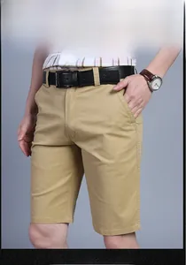 Front view of men's khaki cotton casual shorts with side pockets and leather belt