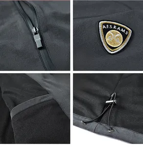 Detailed views of waterproof zippers, branded embroidery, and mesh pockets on dark grey jacket