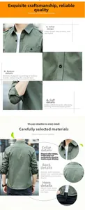 Detail of military style olive green cotton shirt with epaulettes and buttoned collar
