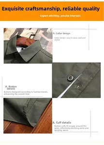 Detailed close-up of army green cotton shirt collar, buttons, and adjustable windproof cuffs