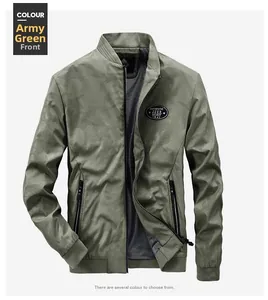 Detailed view of army green jacket featuring standing collar and chest brand embroidery