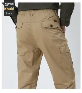 Rear view of khaki cargo pants for men featuring elastic waist and multiple utility pockets