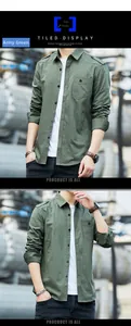 Detail view of military green cotton cargo shirt with shoulder straps and chest pocket