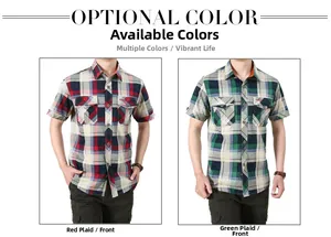 Detail view of men's short sleeve plaid shirts with double chest pockets in two colors