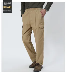 Detail of khaki men's straight casual cargo pants with large side pockets and elastic waist