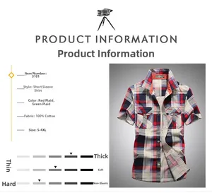 Detail view of cotton plaid short sleeve shirt specifications and size chart