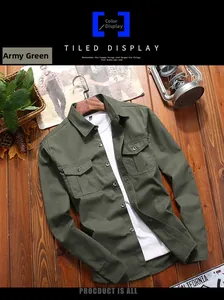 Flat lay of army green cotton tactical shirt with twin button pockets and vintage decor