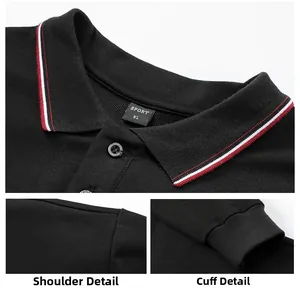 Detailed views of the shoulder seams and ribbed cuffs on a black men's knit polo shirt