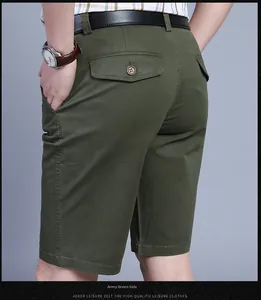 Detail view of army green cotton cargo shorts showing rear pocket and stitching quality