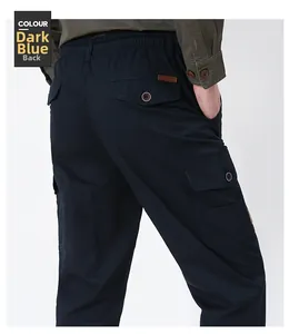 Detail view of navy blue cargo pants featuring elastic waist and back pocket with leather patch