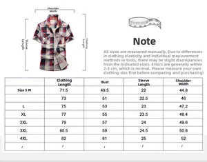 Detailed size chart for men's short sleeve plaid shirt from S up to 4XL with measurements