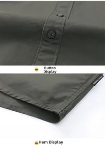 Détails des boutons de la chemise cargo olive et de l'étiquette cousue sur l'ourlet