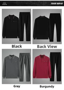Men's casual long sleeve polo suit set available in black, grey and wine red colors