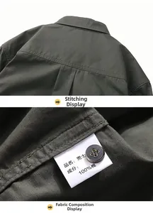 Détail de chemise en coton vert foncé montrant les coutures et l'étiquette 100% coton