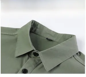 Close-up of military green casual shirt collar featuring durable fabric and black buttons