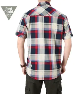 Back view of a casual men's red plaid short sleeve cotton shirt for summer