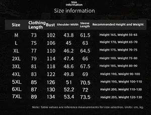 Tableau des tailles détaillé pour chemise en coton homme du M au 7XL en cm et kg précis